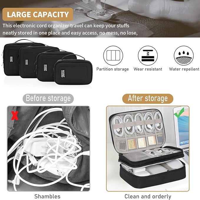 AKOZLIN Cord Organizer Case with Adjustable Divider 4pcs/set Padded Cable Organizer Bag Double Layer Electronics Travel Case DJ Cable File Bag Black