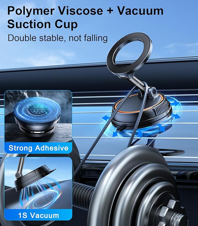 Magnetic Car Phone Holder Compatible with Magsafe, 360 Rotatable Vacuum Suction Cup Car Mount Dashboard, Magnet Cell Phone Holders for Your Car Fit for iPhone 16 Pro Max 16 Pro 16 15 14 13 12