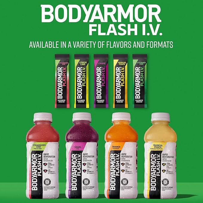 BODYARMOR Flash IV Electrolyte Packets,Strawberry Kiwi - Zero Sugar Drink Mix,Single Serve Packs,Coconut Water Powder,(Pack of 30)