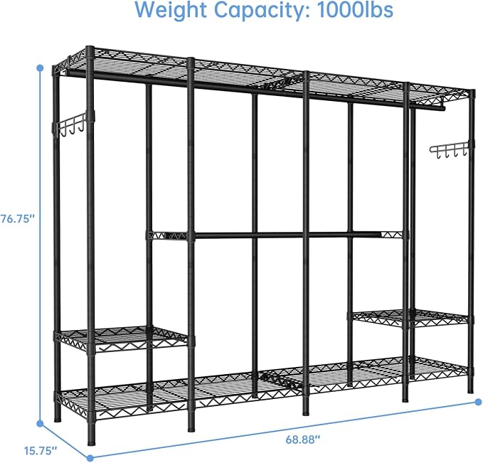 Golpart Heavy Duty Garment Rack Clothes Rack,Large Metal Closet Organizer System Storage Wardrobe,Freestanding Clothing Rack with Adjustable Wire Shelves& Hang Rods,MaxLoad 1000lbs