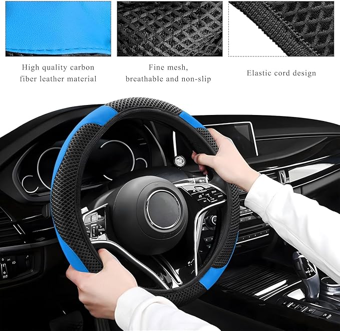 Elastic Stretch Steering Wheel Cover, Warm in Winter and Cool in Summer, Universal 15 inch Microfiber Breathable Ice Silk Anti Slip Car Interior Accessories, Odorless, (Black Blue)