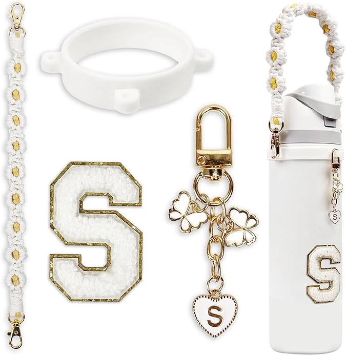 Compatible with Owala Water Bottle Accessories, Cute Letter Charm Set with Boho Handle Strap, Monogram Sticker, Silicone Ring, Keychain Decoration, for FreeSip 24 32 40oz, Owala Kids, Tumbler Gift