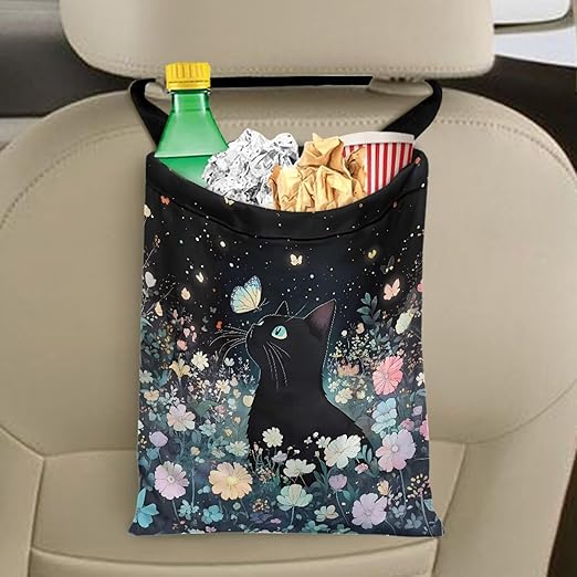 Cat Floral Car Trash Can, Hanging Car Trash Bag, Foldable Garbage Can for Front Back Seat, Multi-Functional Rubbish Bag Storage Pocket, Interior Car Accessories