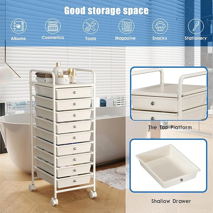 9-Tier Utility Cart with 9 Drawers, Rolling Utility Cart with 2 Lockable Caster Wheels, Multipurpose Mobile Rolling Storage Drawer Cart for Office Bathroom Kitchen, Ivory White