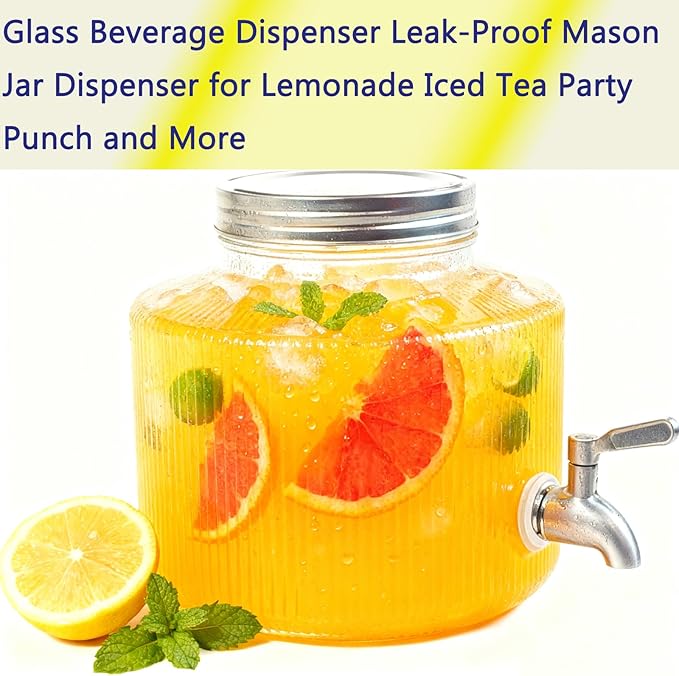 Small Drink Dispenser for the Fridge-2.5L Glass Beverage Dispenser with Leak-Proof Stainless Steel Spigot and Filter Bag Mason Jar Design Perfect for Cold Brew Coffee Iced Tea and Lemonade