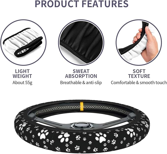 Paw Print Steering Wheel Cover for Women Men with 2 Pcs Car Coasters, Universal 14.5-15 Inch Cute Steering Wheel Covers Non-Slip Car Accessories for Girls