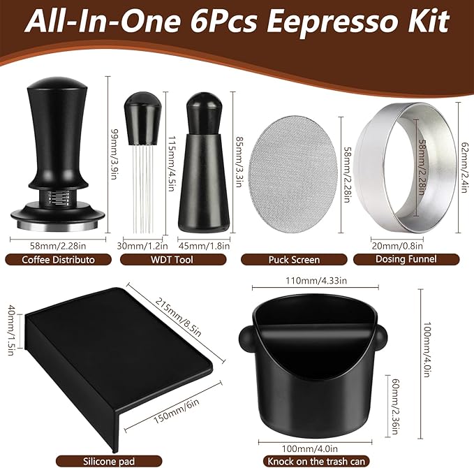 Espresso Accessories,6 PCS Espresso Machine Accessories Kit,Coffee Tamper Tools Set with Espresso Tamper,Coffee Tamping Mat,WDT Distribution Tool,Knock Box,Dosing Funnel and Puck Screen(58mm)