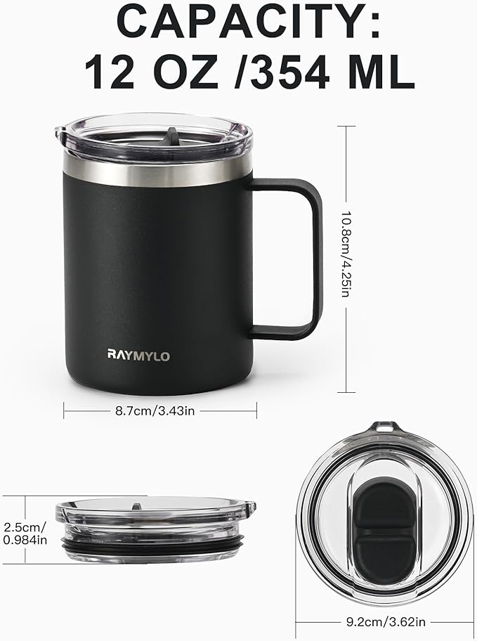 Insulated Coffee Mug 12 oz, Double Wall Stainless Steel Coffee Mug with Lids, Leak-Proof & Detachable Slider Lid for Thorough Clean, Keeps Coffee Cold for 9 Hrs, Suitable for Camp Home Office