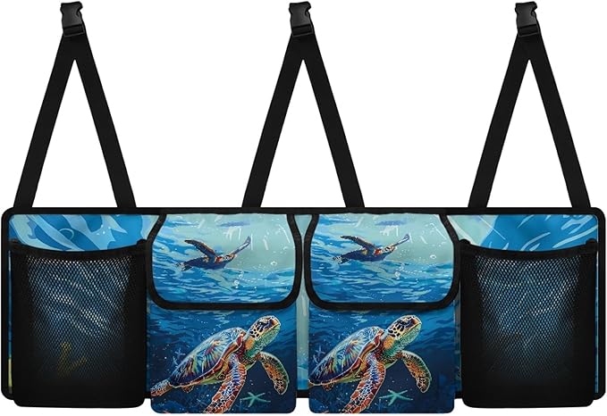 CLOHOMIN Blue Sea Turtle Car Organizer for SUV Sedan Truck Hanging Cargo Storage Bag with 4 Pockets Blue Ocean Car Trunk Backseat Organizer Multi Trunk Organizer Decor