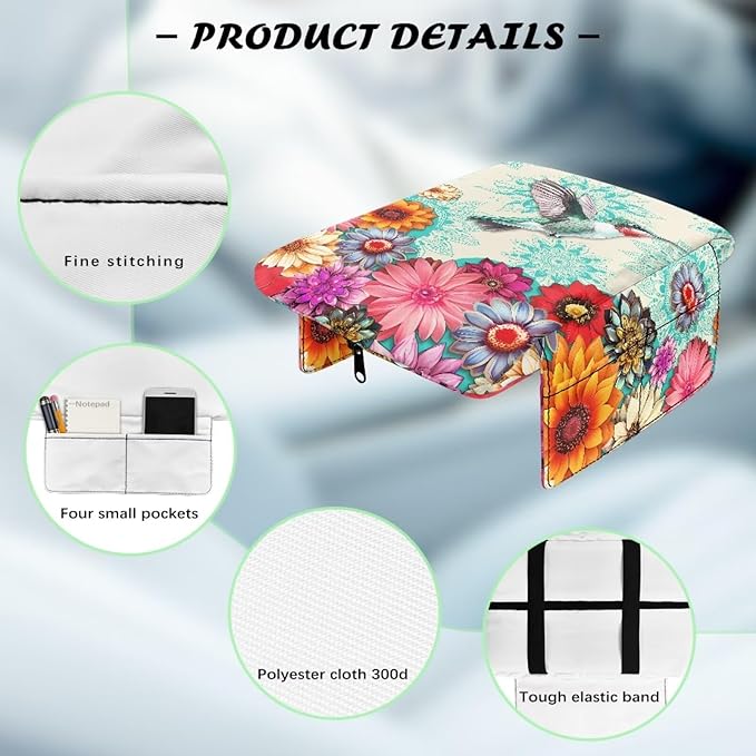 Dreaweet Boho Hummingbird Arm Rest Cover for Car Women Thick Center Console Armrest Pad with Pockets Auto Car Car Center Console Cushion Pad