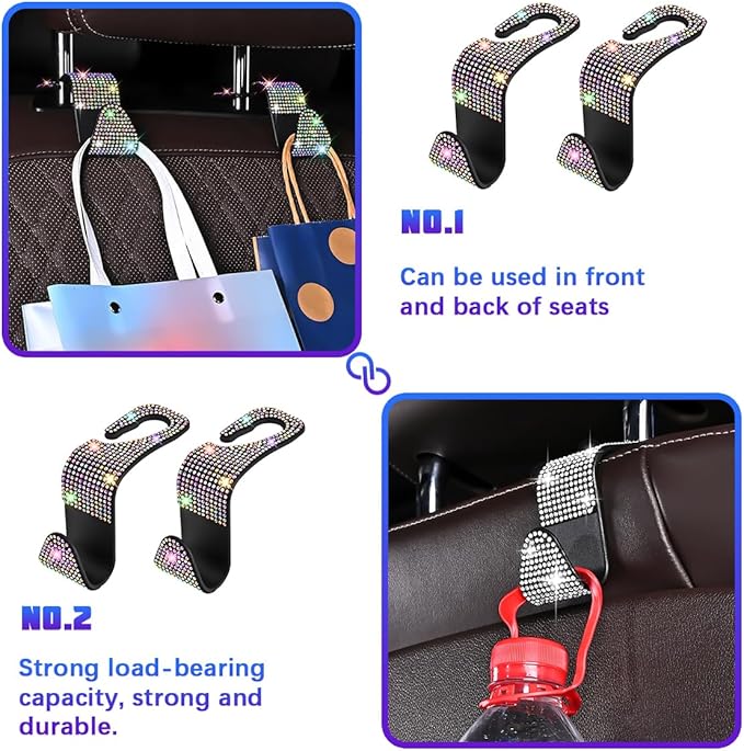 Bling Car Seat Headrest Hooks, 4PCS Crystal Rhinestone Vehicle Back Seat Hanger Holder for Handbags Purses Coats, Automotive Headrest Storage Organizer, Universal for RV SUV Truck (Multicolor)