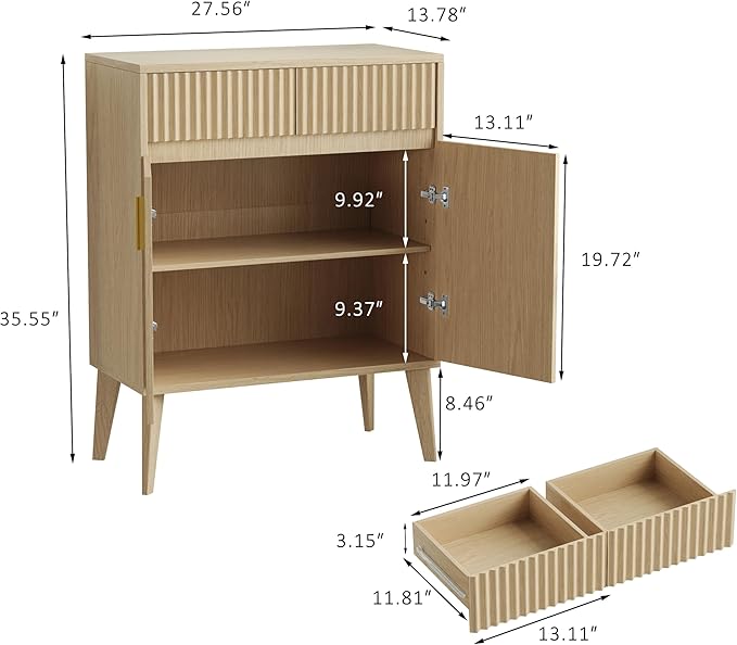 Sideboard Storage Cabinet with 2 Drawers & 2 Doors, Fluted Kitchen Buffet Cabinet with Adjustable Shelves, Coffee Bar Station for Living Room, Entryway, 13.8 x 27.6 x 35.6 in., Natural Wood