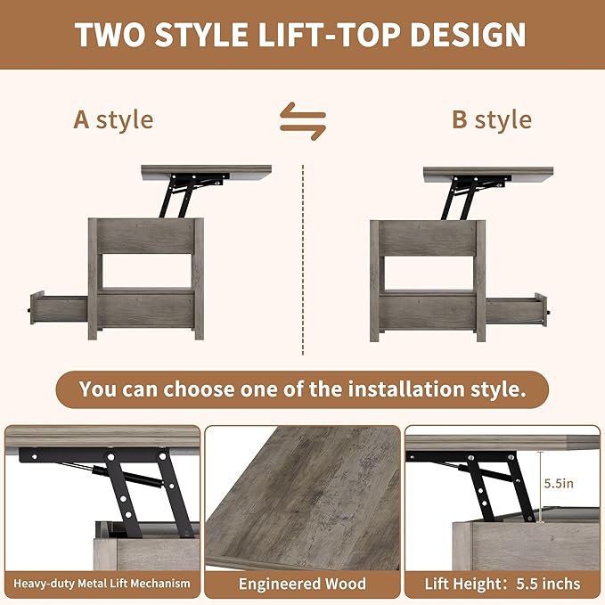 42'' Lift Top Coffee Table, 4-in-1 Multifunctional Lift Coffee Table with Storage & Hidden Compartments, Farmhouse Coffe Table with Lifting top for Living Room, Dining Reception Room, Grey