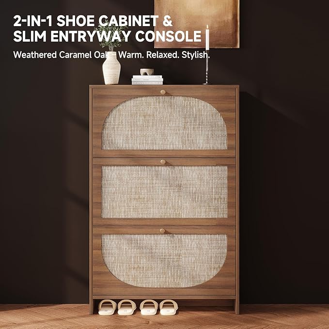 Nicetree Shoe Storage Cabinet for Entryway, Slim Arched Rattan Accent Shoe Cabinet with 3 Flip Drawers & 3-Tier Adjustable Shelves, Modern Boho Shoe Storage Cabinet, Narrow Shoe Rack for Small Spaces