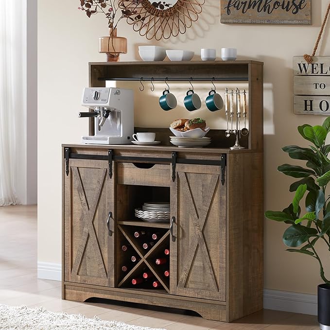 Wnutrees Farmhouse Coffee Bar Cabinet with Charging Station and USB Ports, Sliding Barn Door, 39" Kitchen Hutch Sideboard Buffet Storage Cabinet, Fits Kitchen Dining Living Room, Rustic Brown