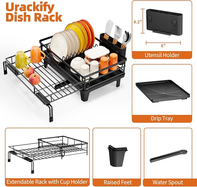 Urackify Dish Drying Rack - Large Dish Racks for Kitchen Counter, Extendable Sink Dish Drainer, Rustproof Dish Strainer with Utensil Holder, 1 Tier Black