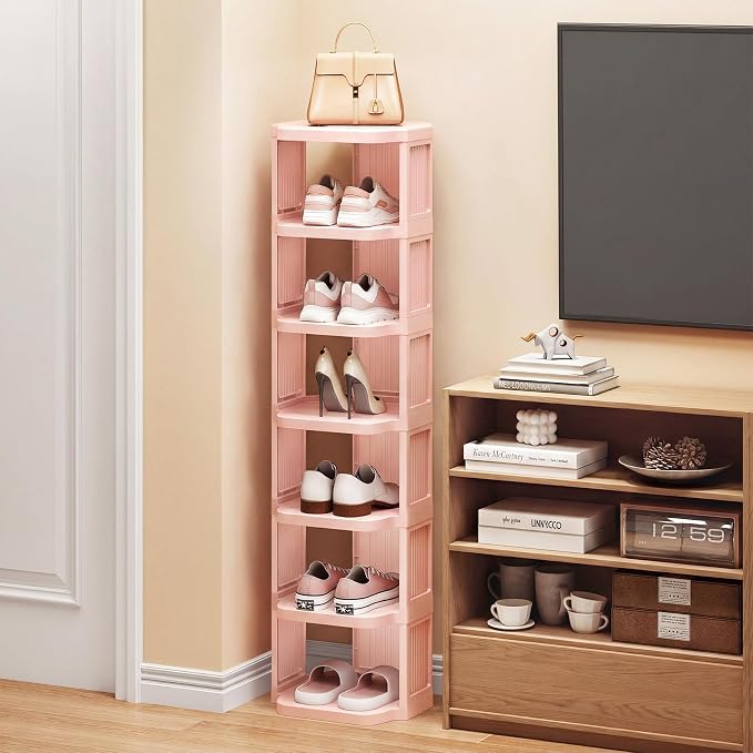 Kitstorack 5-Tier Vertical Plastic Shoe Rack, Freestanding Stackable Shoe Storage Organizer Cubes Shoe Shelf Tower or Small Closets and Tight Spaces, Pink