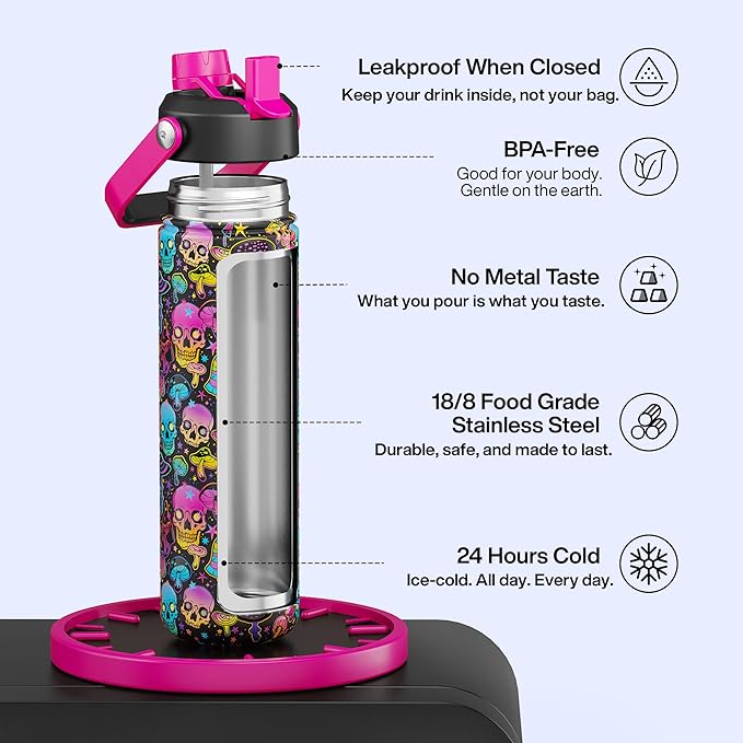 ENCOOL Insulated Water Bottle with Straw Stainless Steel Water Bottle, Leak-Proof, BPA-Free, Double Wall Vacuum Keeps Cold for 24 Hours for Sports, Travel, School (26 oz, Trippy Skulls)