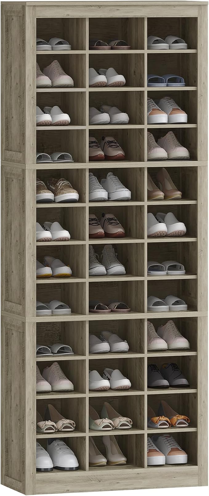 Hzuaneri Shoe Storage Cabinet, 36 Pairs Free Standing Closet Organizer, 8.8 inch Widened Cell Wood Shoe Organizer, 12 Tiers Vertical Space Saving Shoe Rack for Entryway, Cloakroom, Greige SR20705B