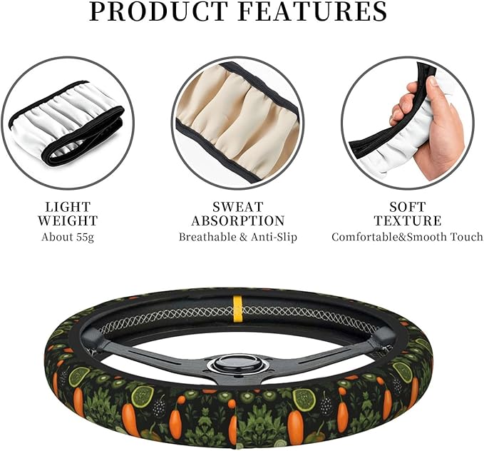 Vegetable Vegan Car Steering Wheel Cover, 15 Inch Steering Wheel Cover Stylish Decor for Most Cars