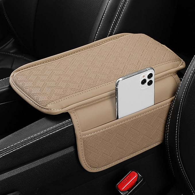 Car Armrest Cushion, Leather Soft Vehicle Center Console Cover with 2 Storage Bag, Breathable Automotive Interior Arm Rest Protection Pad Accessories, Universal for SUV Sedan Truck(Beige)