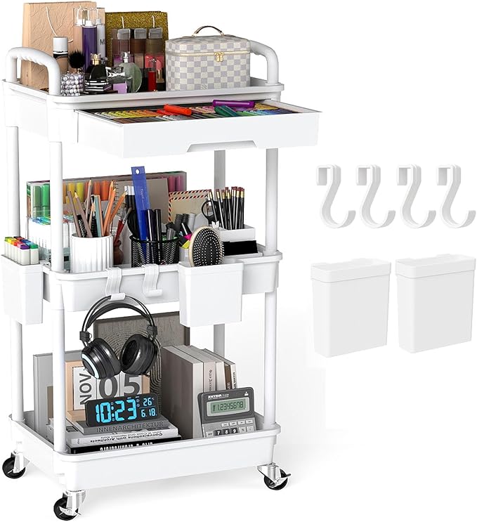 3 Tier Rolling Utility Cart with Drawer, Plastic Storage Organizer Rolling Carts with Wheels Handles Hanging Cups Hooks for Office, Bathroom, Kitchen,Craft Art Room (White)