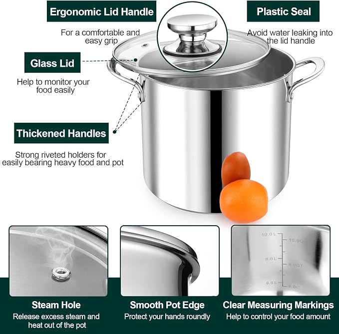 P&P CHEF 10 Quart Stainless Steel Stock Pot with Lid, Large Stockpot for Cooking Pasta Soup, Cookware for Induction Gas Electric Stoves, Visible Lid & Measuring Markings, Dishwasher Safe