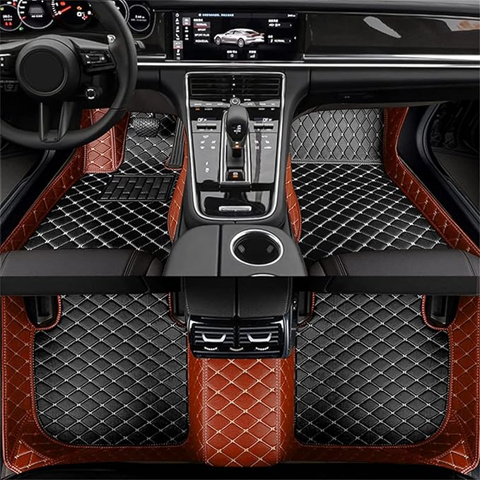 Custom Car Floor Mats Fit for 99% Sedan SUV Sports Car Full Coverage Pads Leather Floor Liners Mat Women Men (Black&Light Brown)