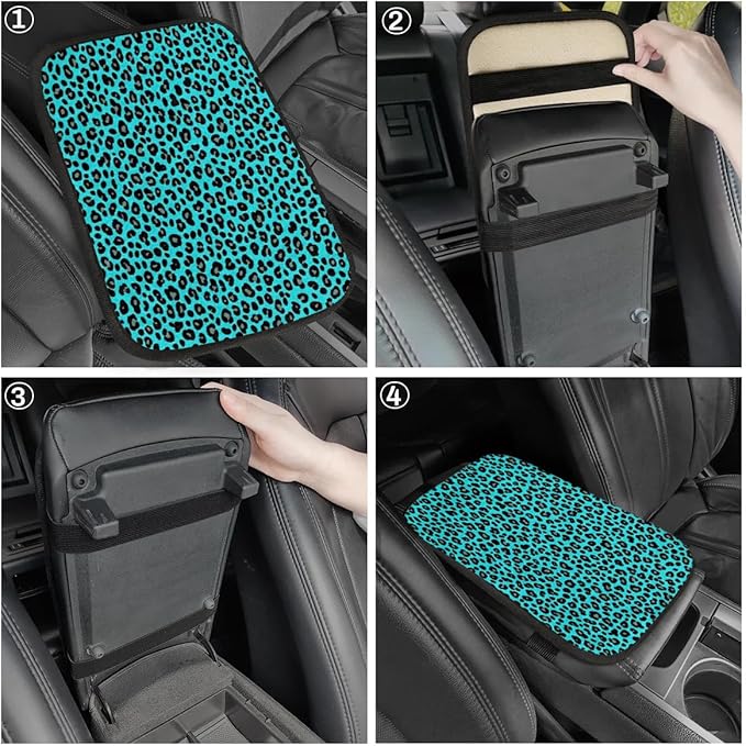 Turquoise Leopard Black Center Console Cover Pad Car Armrest Box Mat Truck Comfort Memory Foam Arm Rest Cushion Car Accessories Universal Fit 13x8 Inch
