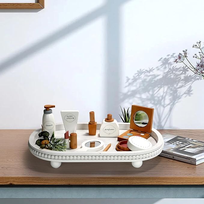 Wooden Decorative Tray for Home Decor, Beaded White Oval Tray Decor for Coffee Table, Rustic Wood Serving Trays Farmhouse Centerpieces for Living Room Kitchen Counter (White Oval)