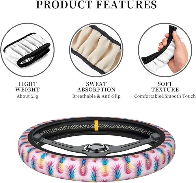 Hawaiian Tropical-Pineapple Car Steering Wheel Cover, 15 Inch Steering Wheel Cover Stylish Decor for Most Cars