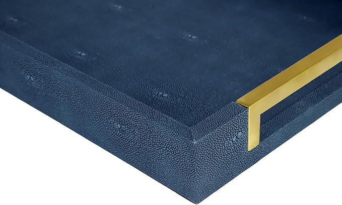 HofferRuffer Faux Leather Serving Tray with Gold Metal Handles, Stylish Decorative Tray Organizer for Coffee Table, Ottoman, Home Decor and Serving (Blue Shagreen, 16.2" x 12.2" x 2")