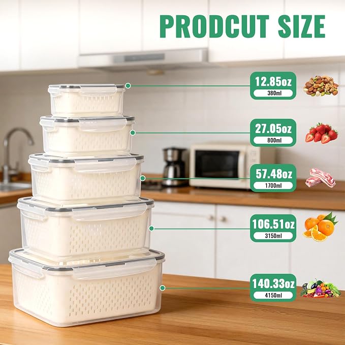 5 PCS Fruit Storage Containers for Fridge Produce Containers for Fridge with Removable Colander Berry Storage Containers Veggie BPA-Free Plastic Crisper for Long-Term Freshness
