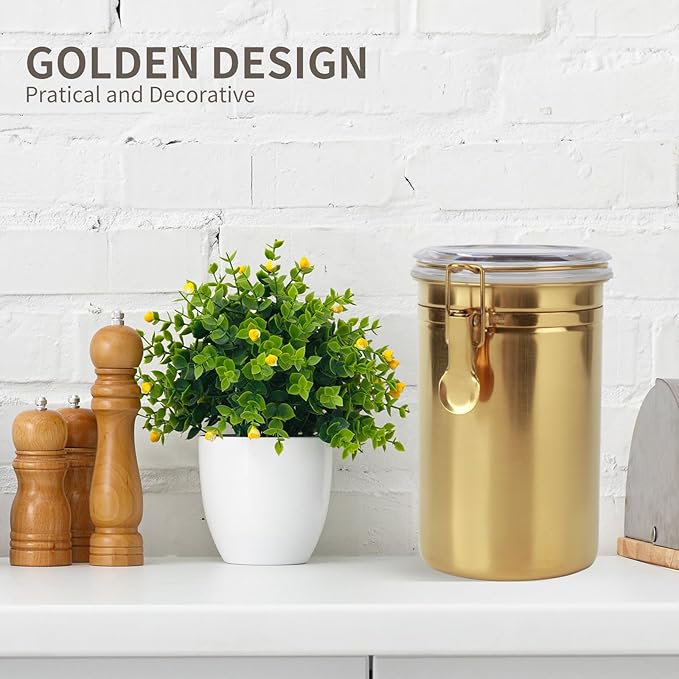 Kitchen Canister 41 oz,Airtight Stainless Steel Kitchen Food Storage Container for Coffee Beans,Beans,Tea,Flour, Cereal,Sugar.Coffee Container with Airtight Clear Lid and Locking Clamp.Gold