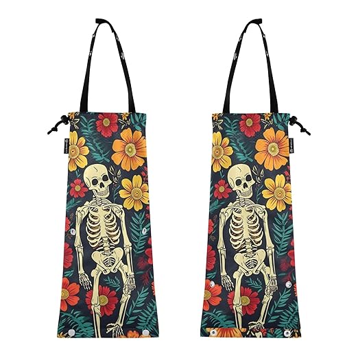 ALAZA Hanging Car Trash Bags Garbage Bag Trash Can for Back Seat Small Skeleton and Flower Washable Storage Bag Retractable 2 Pack