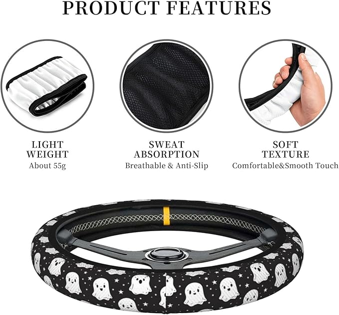 Cute Ghost Steering Wheel Cover for Women Men Girls, Car Accessories Decor Thickened Anti-Slip Auto Steering Wheel Covers Protector Universal Fit 15 Inch for Cars, Truck, SUV