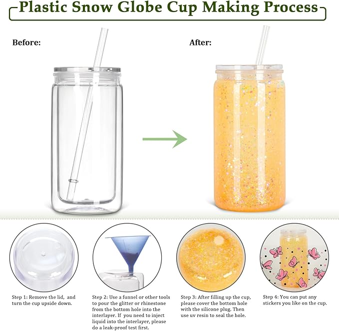 16 Oz Plastic Snow Globe Tumbler with Lid and Straw, 10 Pack Double Wall Pre Drilled Plastic Mason Jar Cups Can for Snow Globe Glitter DIY Gift(Clear)