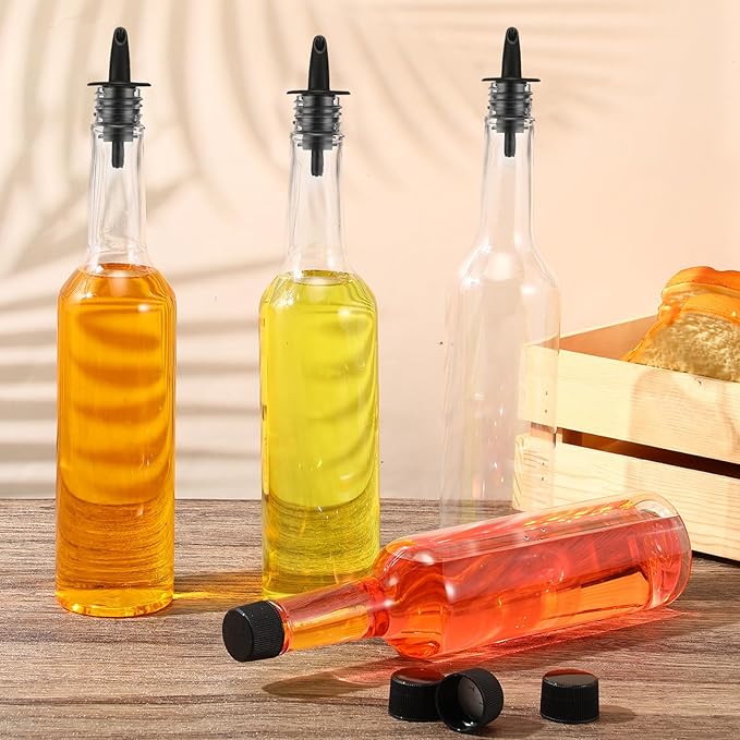 Tioncy 10 Sets 15oz Plastic Liquor Bottles with Pourers Sets 10 Plastic Long Neck Syrup Bottles with Pourer and Caps Reusable Leakproof for Home Party Bar(Black)