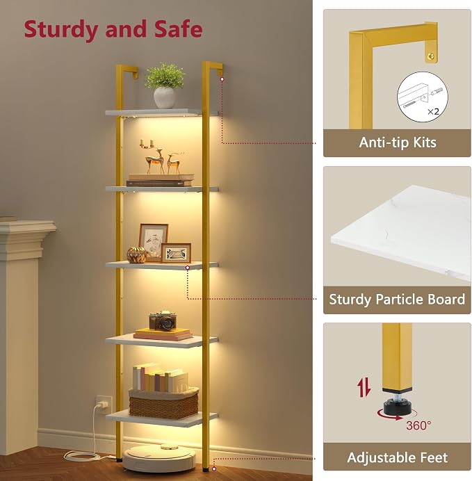 Tajsoon 5 Tier Ladder Shelf with Light, Wooden Wall Mounted Book Shelf, Wall Mounted Ladder Bookshelf with Metal Frame, Industrial Ladder Bookshelf for Office, Living Room, Bedroom, Gold & White