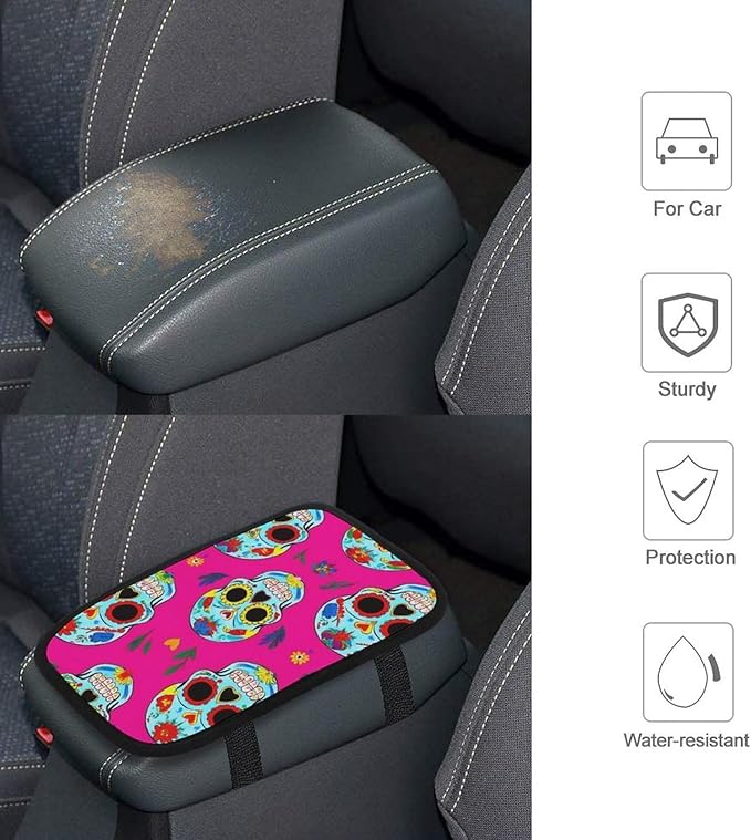 Center Console Cover Seat Box Cover, Auto Armrest Cover Protector Interior Accessories Decor Day Dead Mexican Sugar Skull Car Center Console Pad Fit for Vehicles