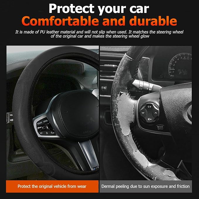 Car Steering Wheel Cover, 15 Inch Leather Soft Elastic Stretch Anti Slip Auto Steering Wheel Wrap Guard, Breathable Vehicle Interior Accessories, Universal for SUV RV Truck (Black)