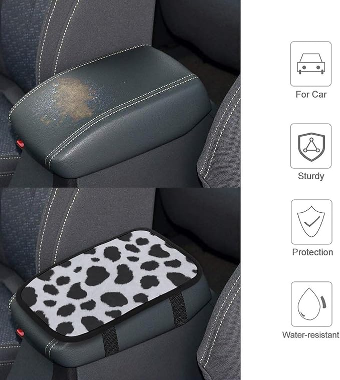Black and White Cow Faux Fur Car Center Console Cushion Pad,Waterproof Armrest Seat Box Cover Protector,Comfortable Car Decor Accessories Fit for Most Cars, Vehicles, SUVs