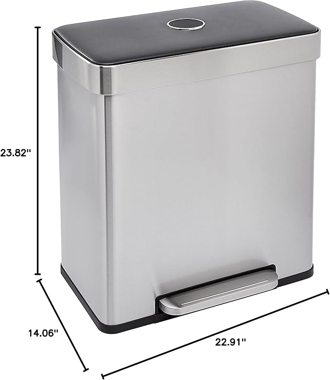 Amazon Basics Dual Compartment Recycling Trash Can with Soft-Close Lid, Fingerprint Resistant, Removable Liner Buckets, 60 Liters, Rectangular, Grey, Silver