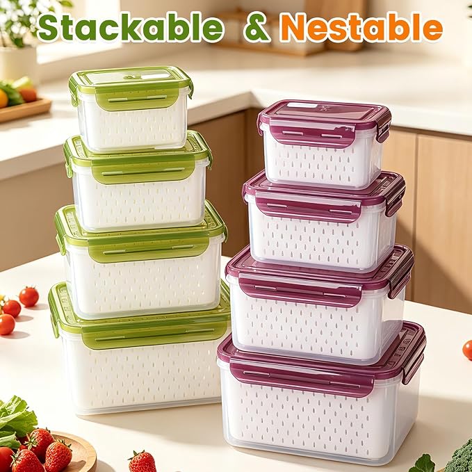 TBMax 8 Pieces Airtight Fruit Storage Containers for Fridge with Air Circulation Vent, 4 Pack Produce Saver with Colander for Berry Lettuce Salad Vegetable Storage, Refrigerator Organizers