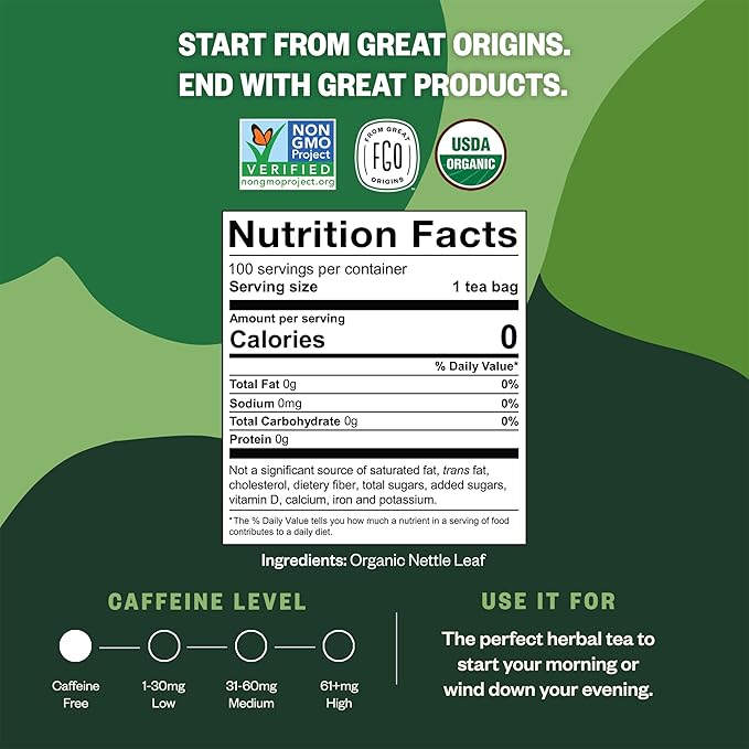 FGO Organic Nettle Leaf Tea, 100 Count, Eco-Conscious Tea Bags, Caffeine Free, Resealable Bag, Packaging May Vary (Pack of 1)