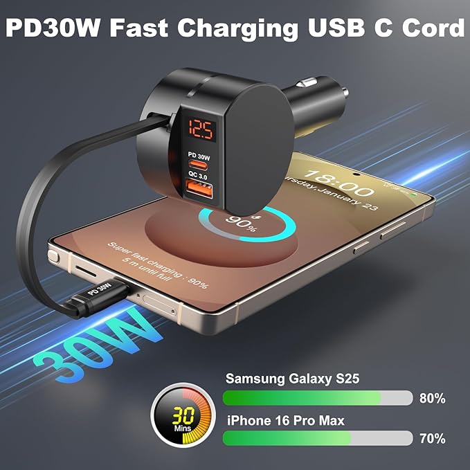 78W Retractable USB C Car Charger, OKRAY 3-Port 12v Cigarette Lighter Car Adapter with Type C PD30W Fast Charging Cord+Coiled USB C Cable for iPhone 17 Air 16 15 14 Pro Max, Samsung Galaxy S25 S24 A16