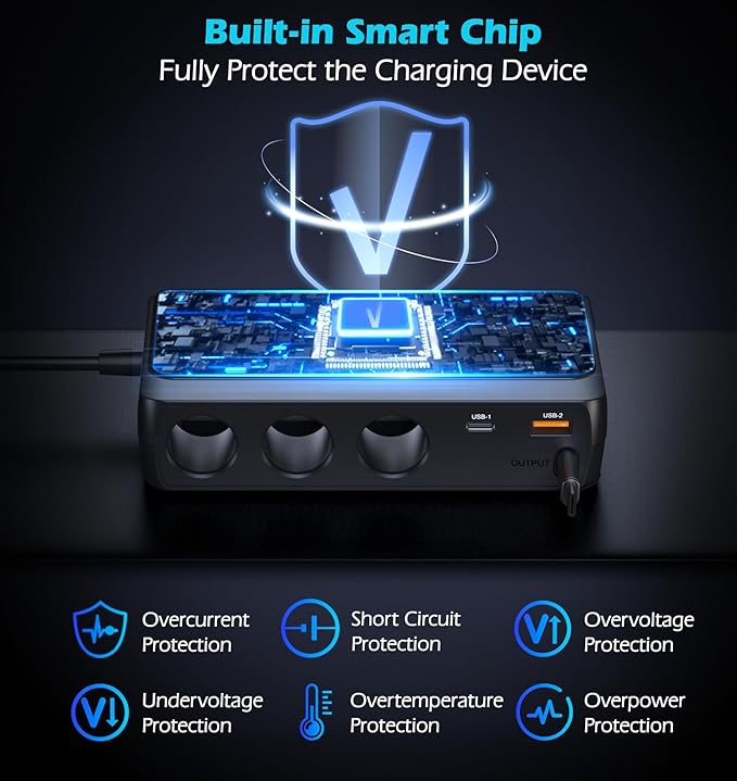 LIHAN Cigarette Lighter Splitter with Retractable Type-C Cable, 3 Sockets & 3 USB Ports (PD45W+QC),12V/24V Car Charger Adapter, LED Voltage Display & Independent Switch for Vehicles/RV/SUV/Truck