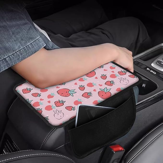 Dreaweet Strawberry Car Accessories Center Console Cover Cute Car Armrest Box Pad for Women Girly,Armrest Cover Protector for Vehicle SUV Truck Car Console Covers with Pockets