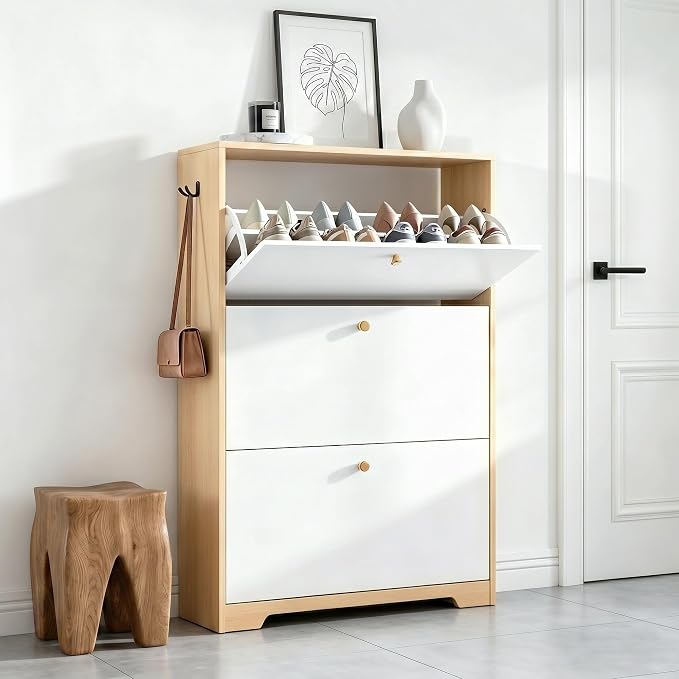 Nicetree Shoe Cabinet with 3 Flip Drawers，Freestanding Shoe Storage Cabinet, Narrow Shoe Organizer Cabinet, Farmhouse Slim Shoe Rack Cabinet for Entryway, Natural Oak and White with Hook