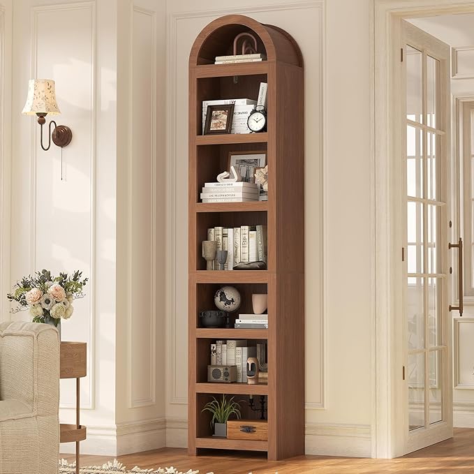 UPOSOJA 76" Tall Narrow Arched Bookcase,7-Teir Mid-Century Modern Bookshelf,Adjustable Shelves offering More Storage Space for Living Room,Kitchen,Home Office (Brown, Narrow)
